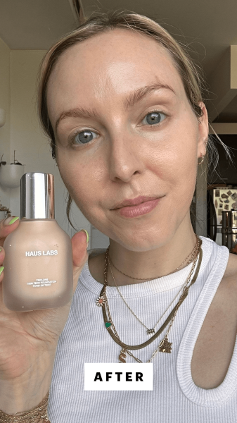 Kinonen after applying the Haus Labs Triclone Skin Tech Foundation