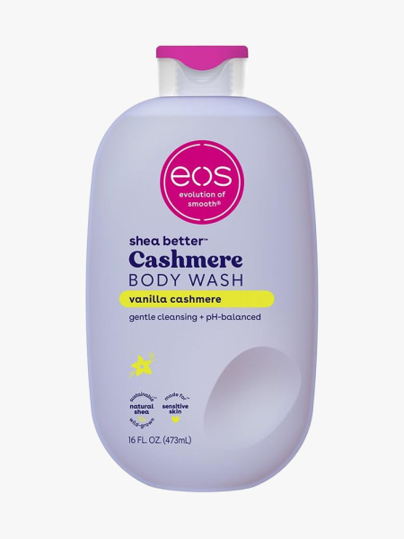 Eos Shea Better Cashmere Body Wash in branded component on a light gray background