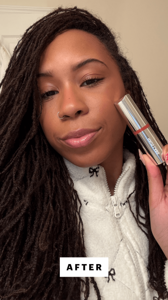 Taylor after applying the Haus Labs Blush Balm